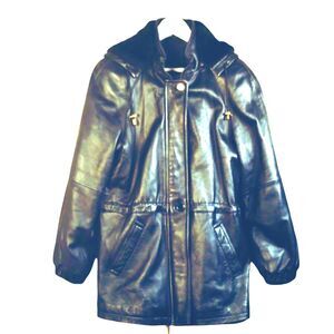 Bromley Black Leather Jacket Women's M Zip Out Lining Removable Hood Pockets VTG